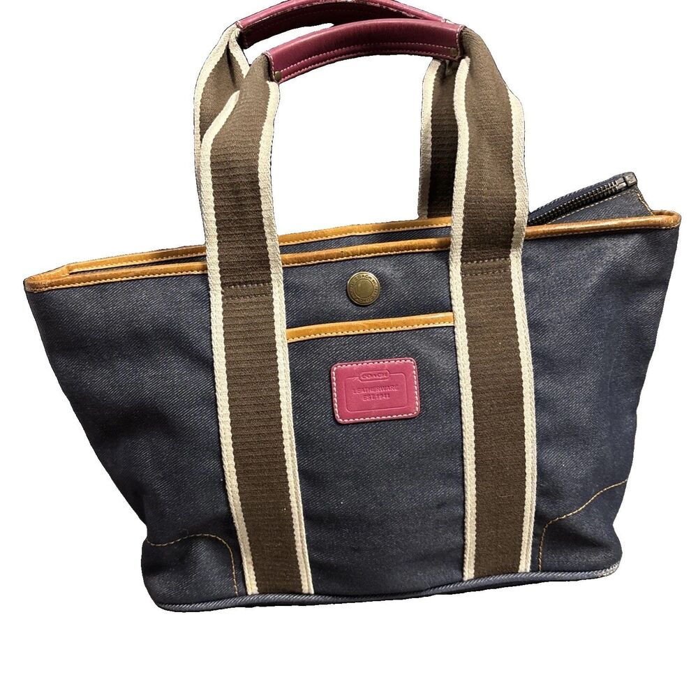 Coach Denim Hampton Weekender Leather Tote BagB04M-4498 Blue Pink Women Zip Logo